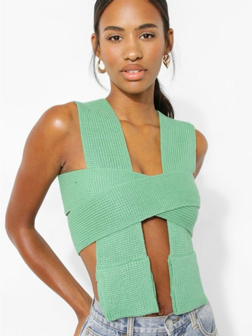 NWT Boohoo Mint Green Knit Wrap Crop Top - Picture 8 of 8